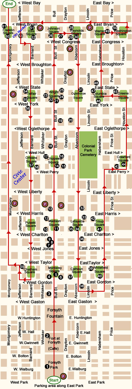 Fun things to do in Savannah : Map of Squares Walking Guide With Landmarks.